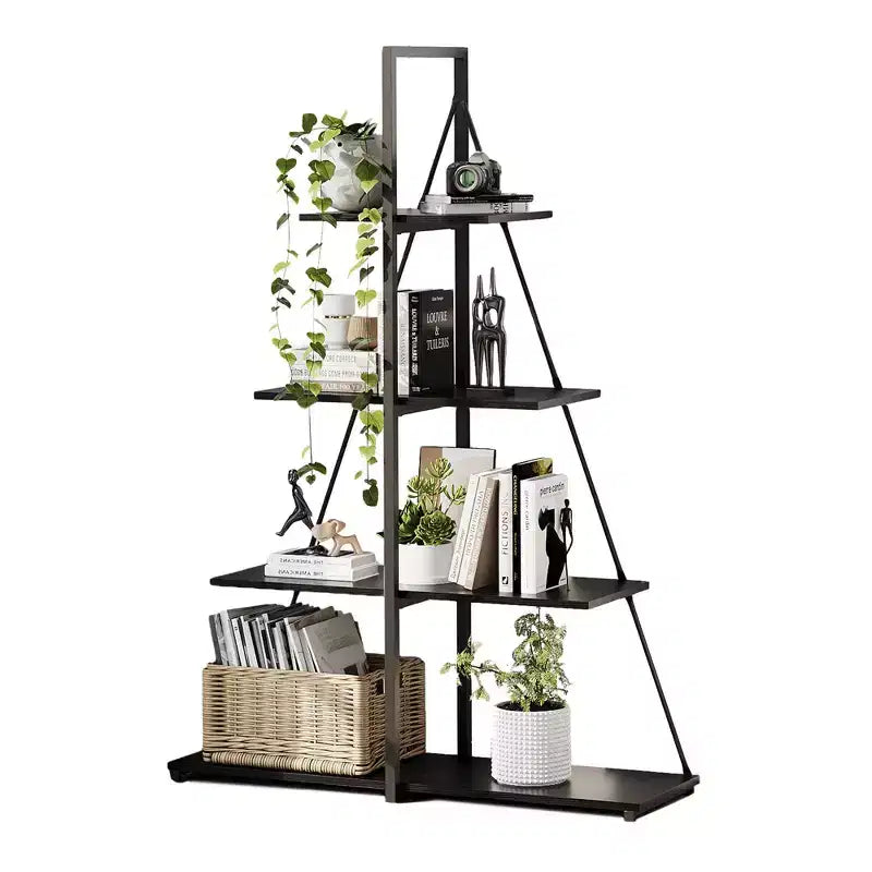Book Shelf, 4-Tier Ladder Shelf, Sailboat Design Bookcase, A-Shaped Wooden Storage Bookshelves