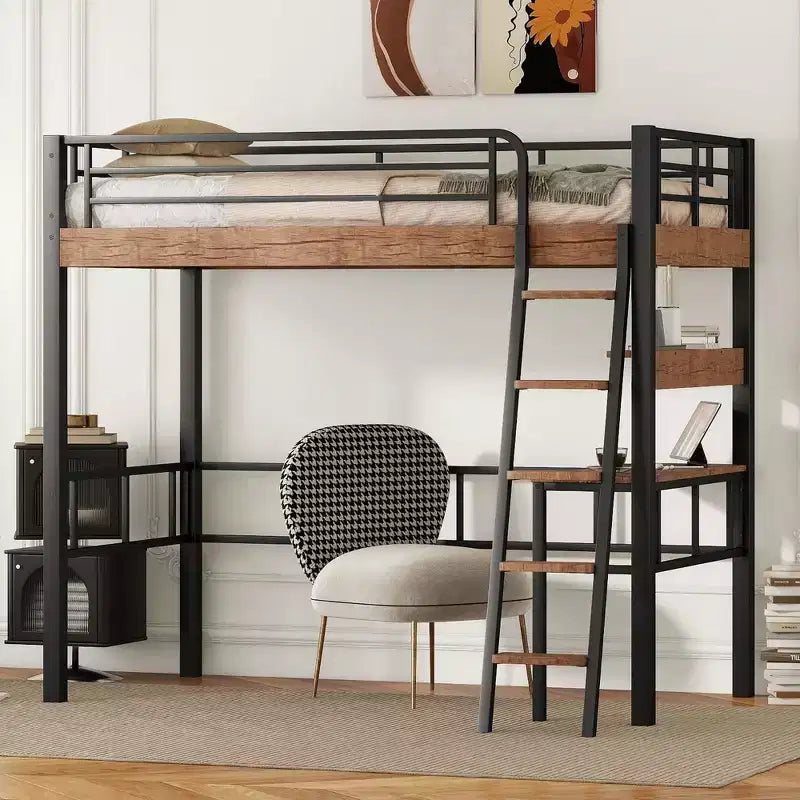 Okak Industrial Twin/Full Size Loft Bed with Built-in Desk,Metal Bunk Bed with Storage Shelves & Ladder,Multi-Functional Loft Beds for Teens & Adults