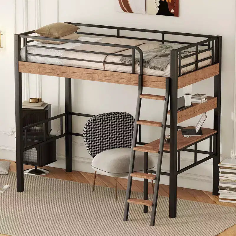 Lit mezzanine industriel double/complet avec bureau intégré, lit superposé en métal avec étagères de rangement et échelle, lits mezzanines multifonctionnels pour adolescents et adultes