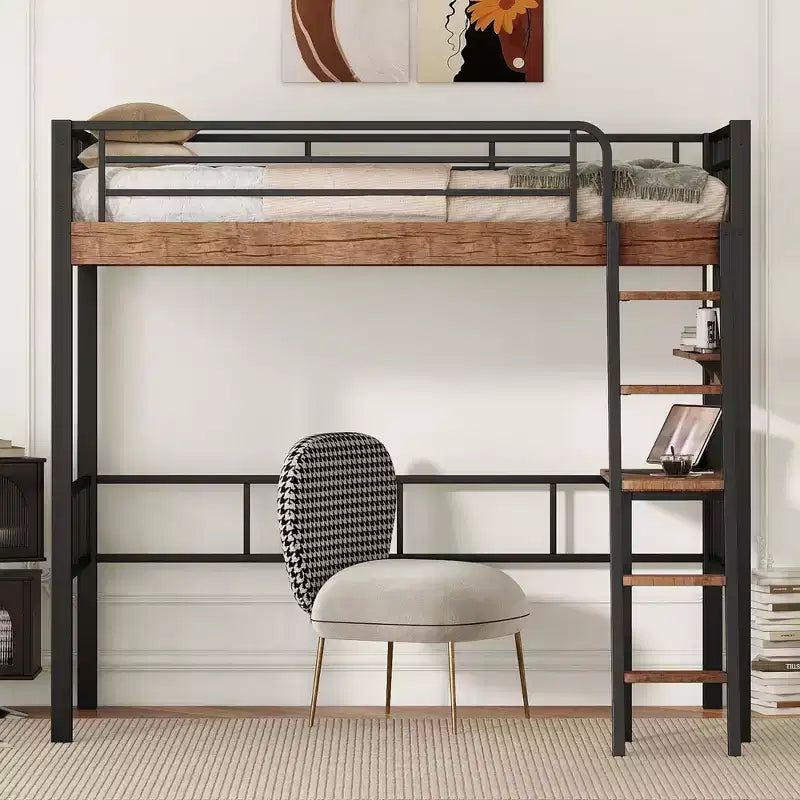 Lit mezzanine industriel double/complet avec bureau intégré, lit superposé en métal avec étagères de rangement et échelle, lits mezzanines multifonctionnels pour adolescents et adultes