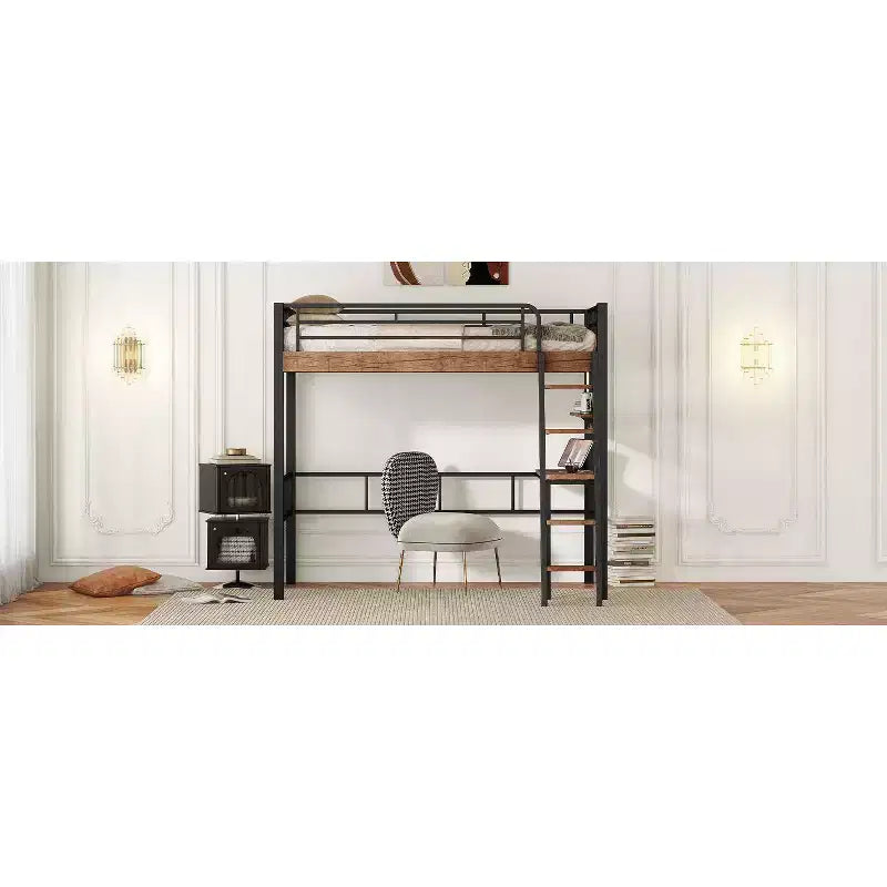 Lit mezzanine industriel double/complet avec bureau intégré, lit superposé en métal avec étagères de rangement et échelle, lits mezzanines multifonctionnels pour adolescents et adultes