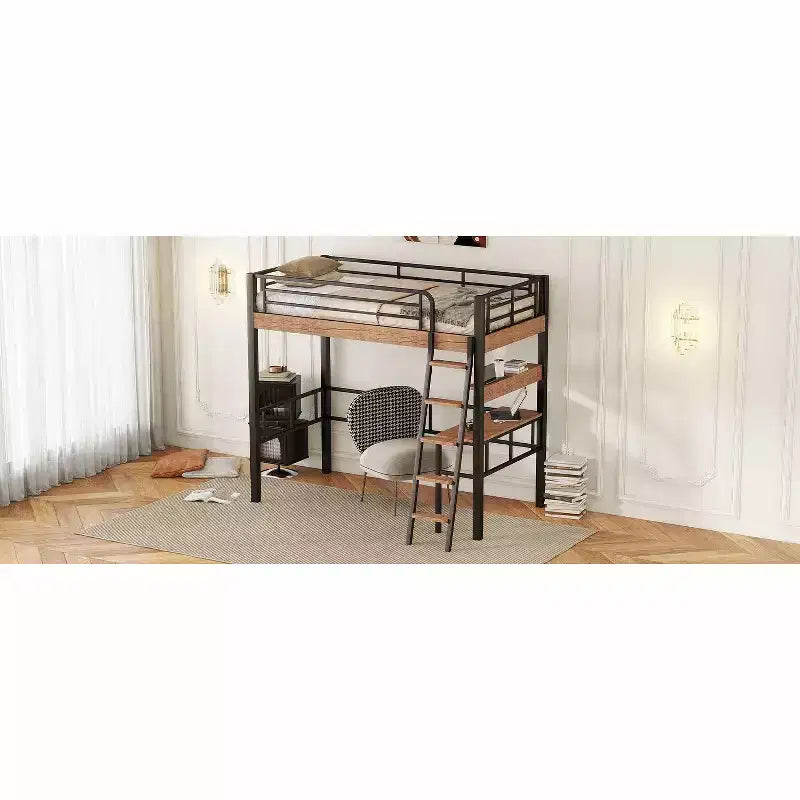 Lit mezzanine industriel double/complet avec bureau intégré, lit superposé en métal avec étagères de rangement et échelle, lits mezzanines multifonctionnels pour adolescents et adultes