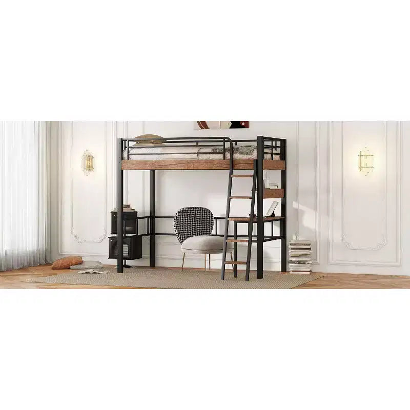 Lit mezzanine industriel double/complet avec bureau intégré, lit superposé en métal avec étagères de rangement et échelle, lits mezzanines multifonctionnels pour adolescents et adultes