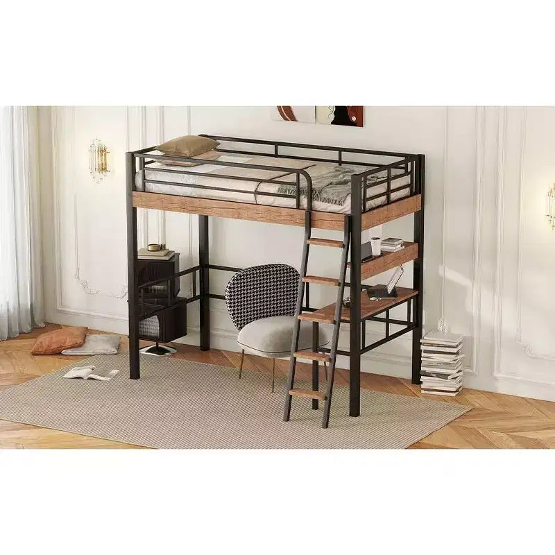 Lit mezzanine industriel double/complet avec bureau intégré, lit superposé en métal avec étagères de rangement et échelle, lits mezzanines multifonctionnels pour adolescents et adultes
