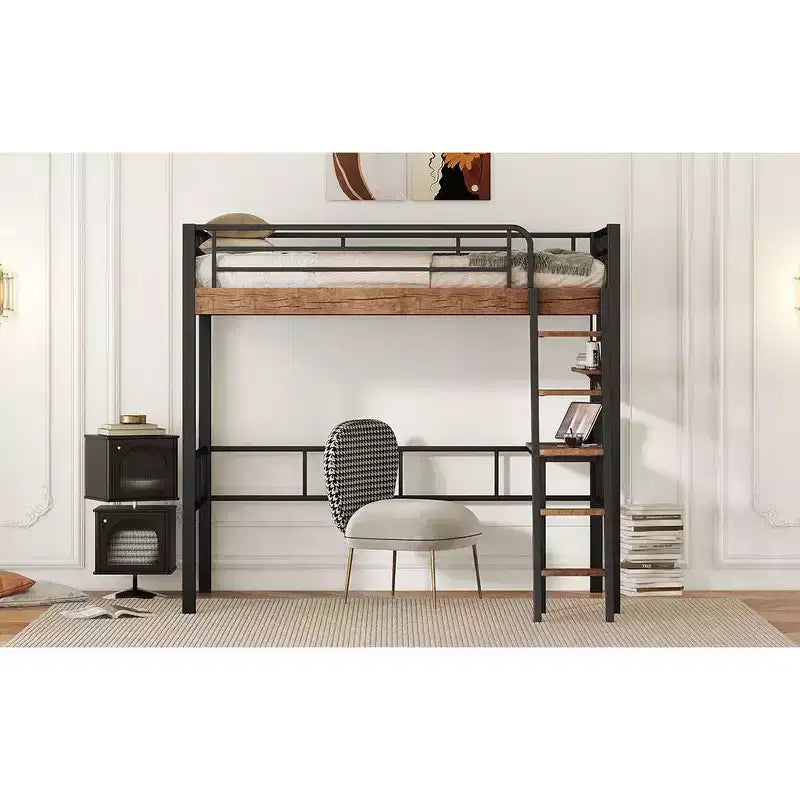 Lit mezzanine industriel double/complet avec bureau intégré, lit superposé en métal avec étagères de rangement et échelle, lits mezzanines multifonctionnels pour adolescents et adultes
