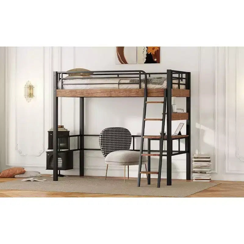 Lit mezzanine industriel double/complet avec bureau intégré, lit superposé en métal avec étagères de rangement et échelle, lits mezzanines multifonctionnels pour adolescents et adultes
