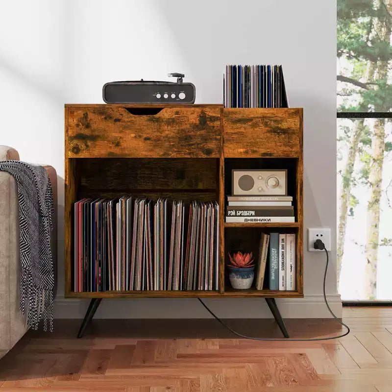 Meuble tourne-disque avec prise de courant, tiroir et séparateur amovible, meuble d'exposition industriel pour tourne-disque