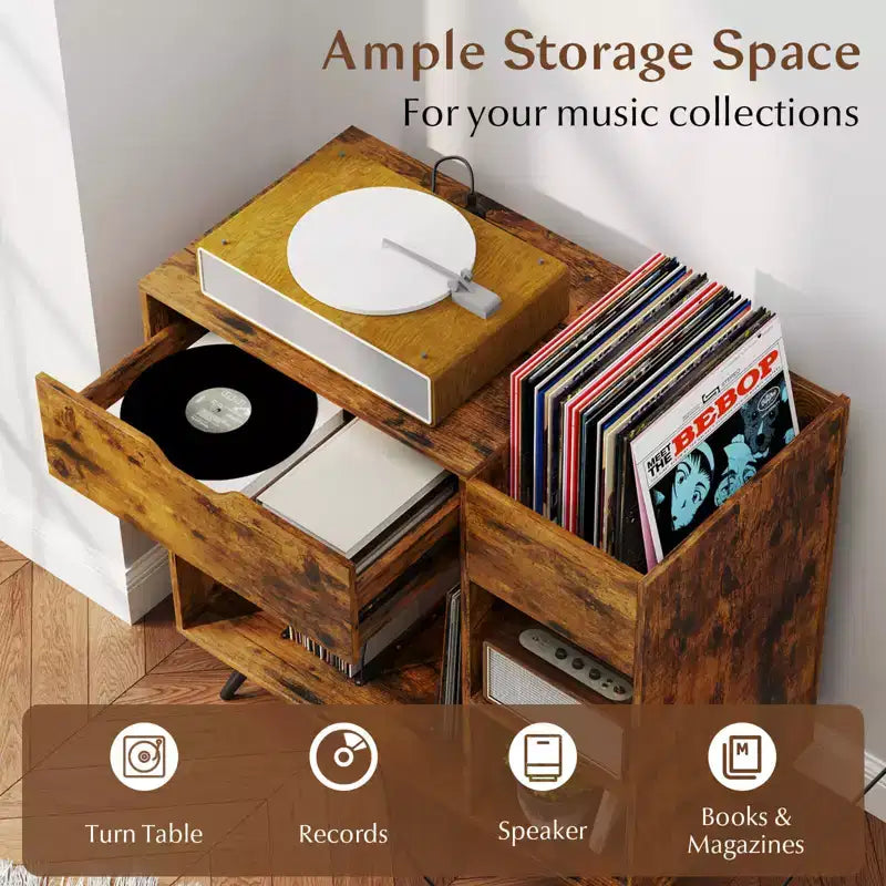 Meuble tourne-disque avec prise de courant, tiroir et séparateur amovible, meuble d'exposition industriel pour tourne-disque