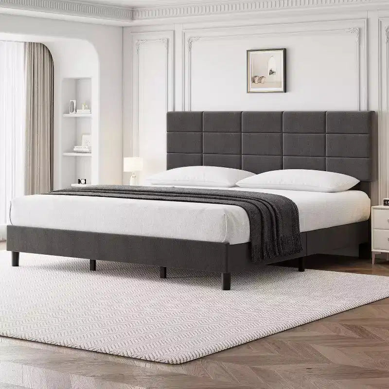 Adjustable Headboard, Metal Frame Bed Frame with Strong Wood Slats and Support Legs, No Box Spring Required, Easy Assembly, Gray, King