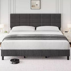 Tête de lit réglable, Cadre de lit en métal avec lattes en bois robustes et pieds de support, Aucun sommier tapissier requis, Facile à assembler, Gris, King Size