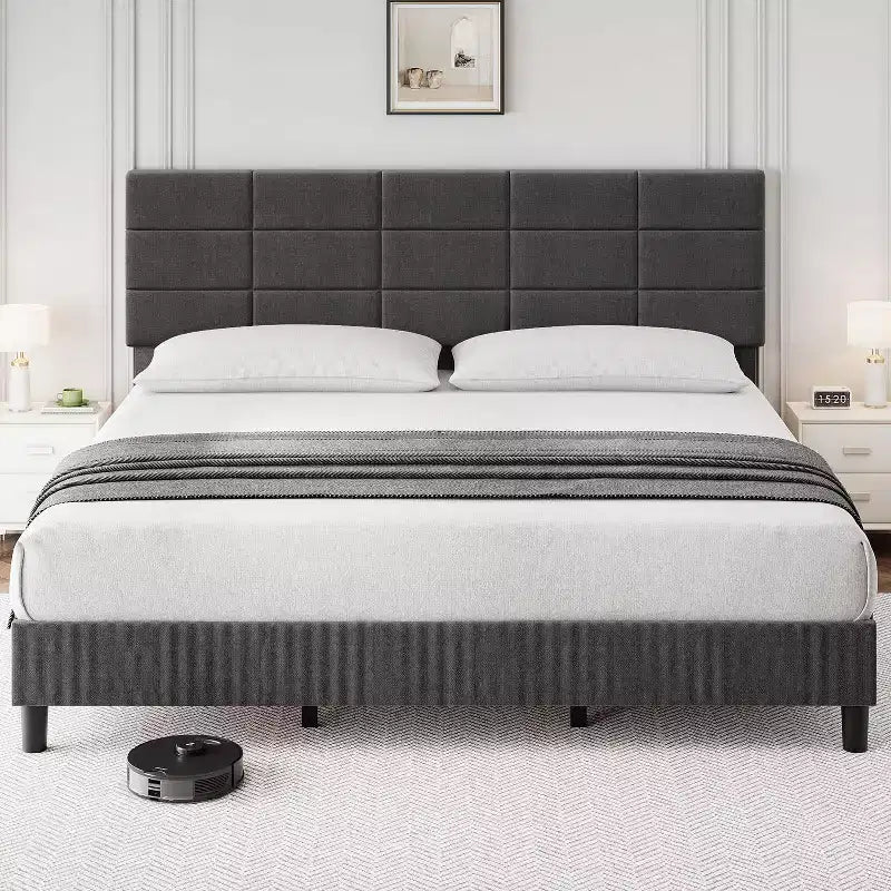 Tête de lit réglable, Cadre de lit en métal avec lattes en bois robustes et pieds de support, Aucun sommier tapissier requis, Facile à assembler, Gris, King Size