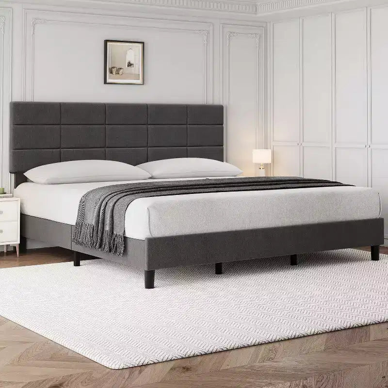 Tête de lit réglable, Cadre de lit en métal avec lattes en bois robustes et pieds de support, Aucun sommier tapissier requis, Facile à assembler, Gris, King Size