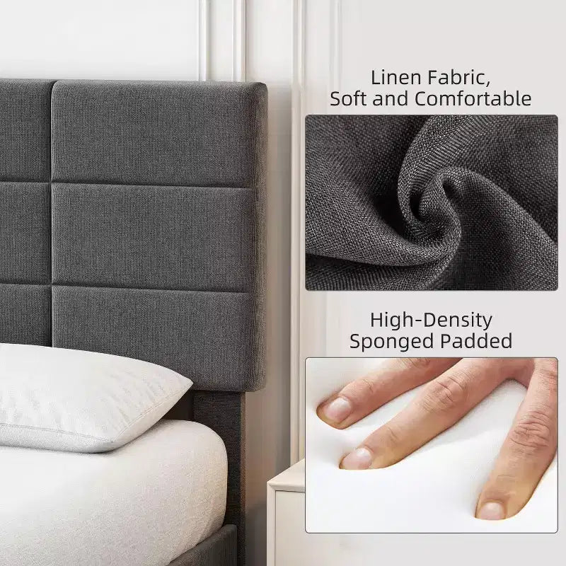 Tête de lit réglable, Cadre de lit en métal avec lattes en bois robustes et pieds de support, Aucun sommier tapissier requis, Facile à assembler, Gris, King Size