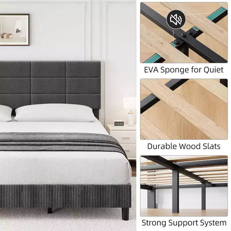 Tête de lit réglable, Cadre de lit en métal avec lattes en bois robustes et pieds de support, Aucun sommier tapissier requis, Facile à assembler, Gris, King Size
