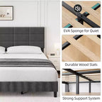 Tête de lit réglable, Cadre de lit en métal avec lattes en bois robustes et pieds de support, Aucun sommier tapissier requis, Facile à assembler, Gris, King Size