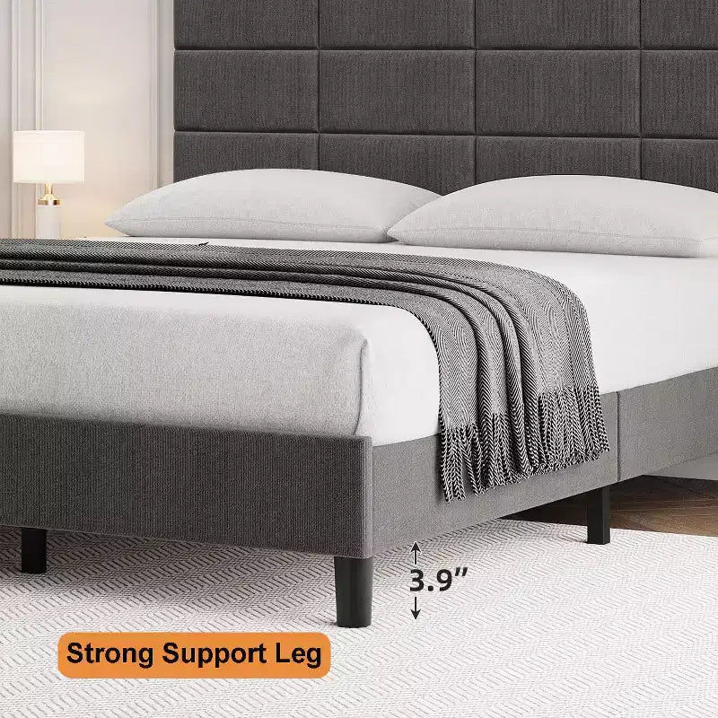 Tête de lit réglable, Cadre de lit en métal avec lattes en bois robustes et pieds de support, Aucun sommier tapissier requis, Facile à assembler, Gris, King Size