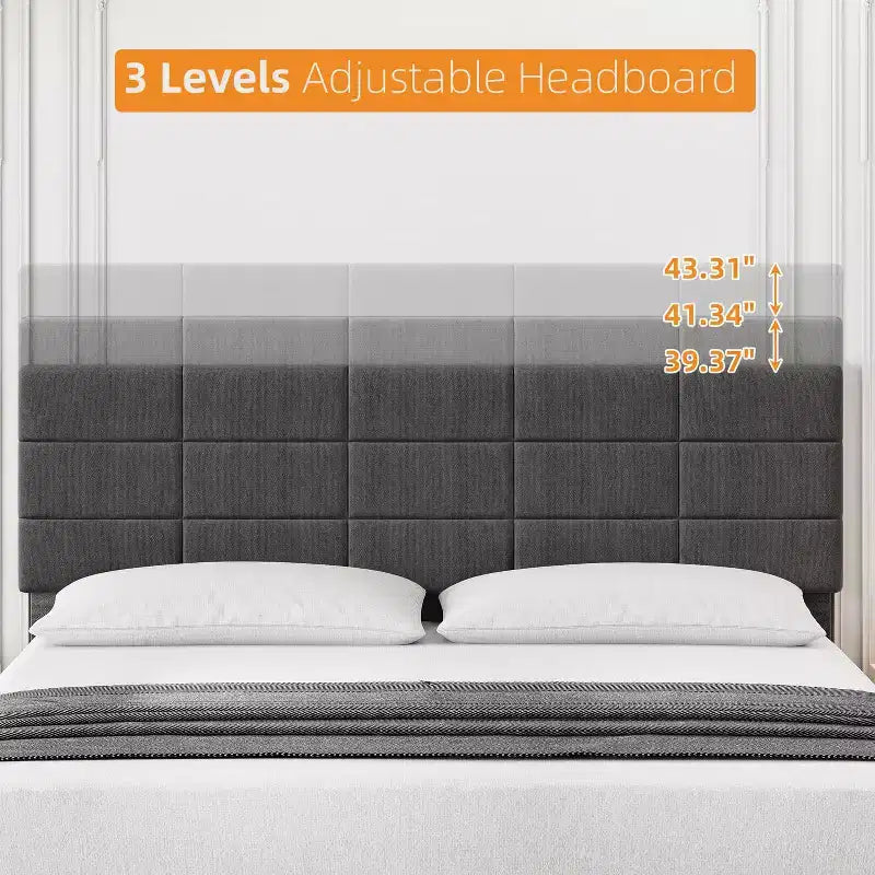 Tête de lit réglable, Cadre de lit en métal avec lattes en bois robustes et pieds de support, Aucun sommier tapissier requis, Facile à assembler, Gris, King Size