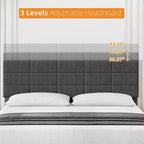 Tête de lit réglable, Cadre de lit en métal avec lattes en bois robustes et pieds de support, Aucun sommier tapissier requis, Facile à assembler, Gris, King Size