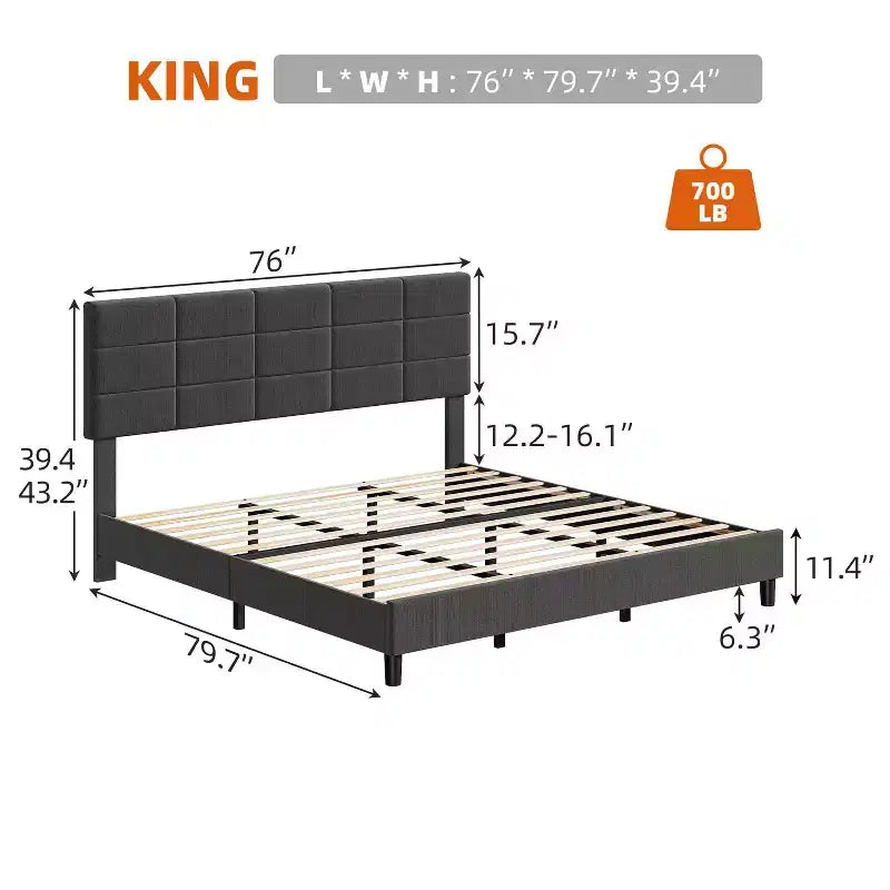 Tête de lit réglable, Cadre de lit en métal avec lattes en bois robustes et pieds de support, Aucun sommier tapissier requis, Facile à assembler, Gris, King Size