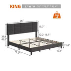 Tête de lit réglable, Cadre de lit en métal avec lattes en bois robustes et pieds de support, Aucun sommier tapissier requis, Facile à assembler, Gris, King Size