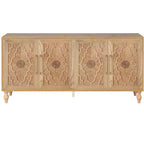 HomeRoots 68 Natural Distressed Carved Geometric Sideboard with Four Doors