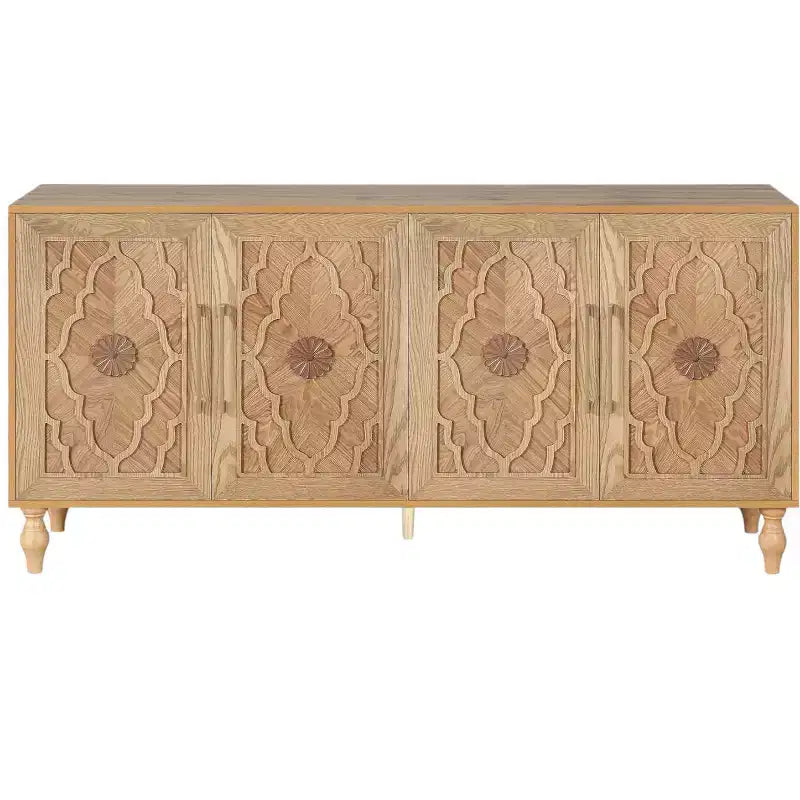 HomeRoots 68 Natural Distressed Carved Geometric Sideboard with Four Doors