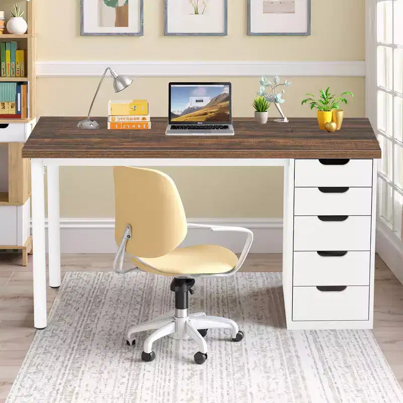 MAYEERTY 47 Inch Computer Desk with 5 White Drawers, 1.18 Thick Engineered Wood Home Office Desk with White Metal Legs