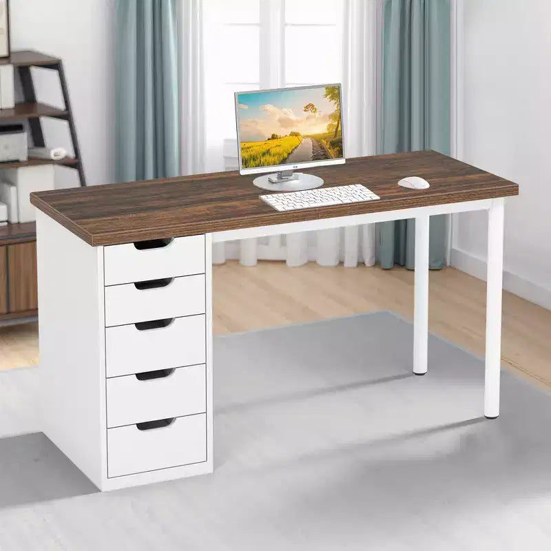 Bureau d'ordinateur de 119 cm avec 5 tiroirs blancs, bureau de télétravail en bois d'ingénierie de 3 cm d'épaisseur avec pieds en métal blanc