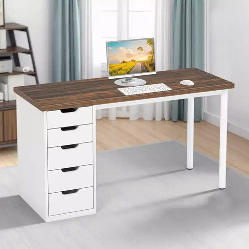 Bureau d'ordinateur de 119 cm avec 5 tiroirs blancs, bureau de télétravail en bois d'ingénierie de 3 cm d'épaisseur avec pieds en métal blanc