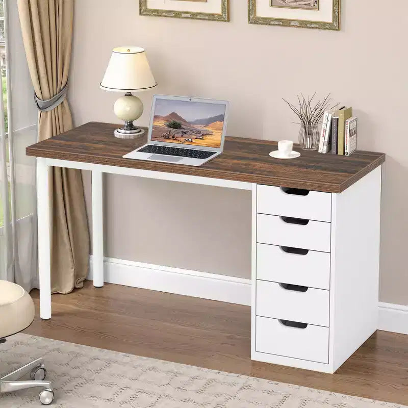 Bureau d'ordinateur de 119 cm avec 5 tiroirs blancs, bureau de télétravail en bois d'ingénierie de 3 cm d'épaisseur avec pieds en métal blanc
