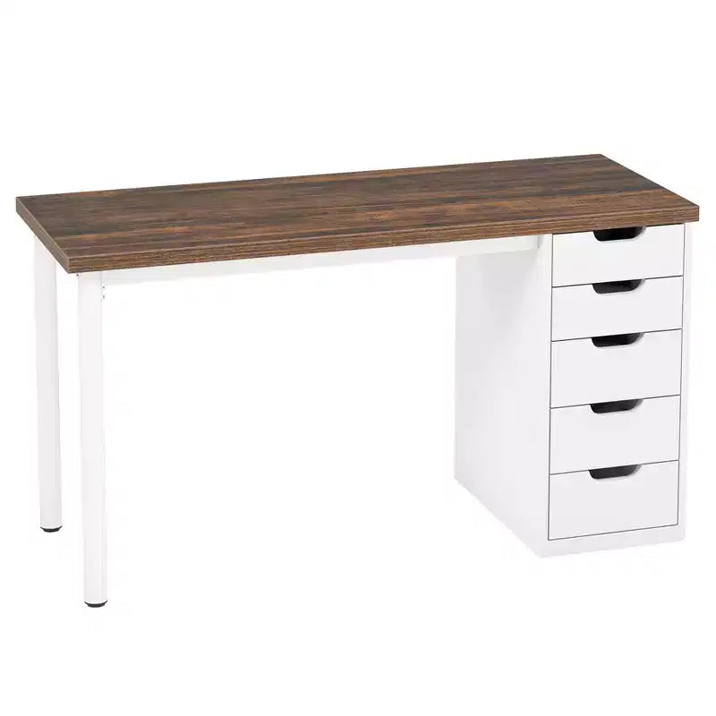 Bureau d'ordinateur de 119 cm avec 5 tiroirs blancs, bureau de télétravail en bois d'ingénierie de 3 cm d'épaisseur avec pieds en métal blanc