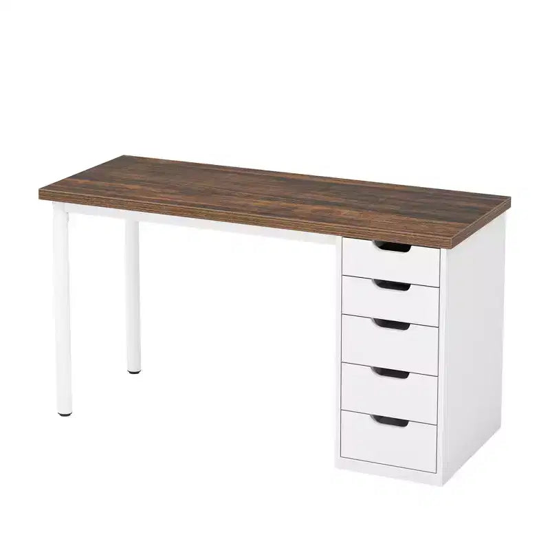 Bureau d'ordinateur de 119 cm avec 5 tiroirs blancs, bureau de télétravail en bois d'ingénierie de 3 cm d'épaisseur avec pieds en métal blanc