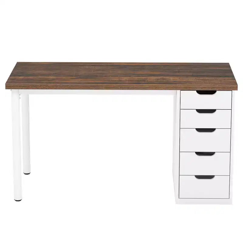 Bureau d'ordinateur de 119 cm avec 5 tiroirs blancs, bureau de télétravail en bois d'ingénierie de 3 cm d'épaisseur avec pieds en métal blanc