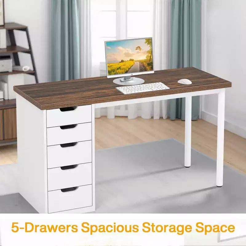 Bureau d'ordinateur de 119 cm avec 5 tiroirs blancs, bureau de télétravail en bois d'ingénierie de 3 cm d'épaisseur avec pieds en métal blanc