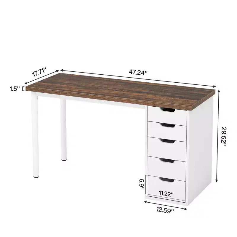 Bureau d'ordinateur de 119 cm avec 5 tiroirs blancs, bureau de télétravail en bois d'ingénierie de 3 cm d'épaisseur avec pieds en métal blanc