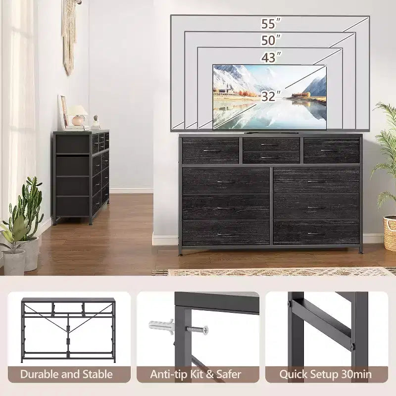 Commode à 10 tiroirs double usage et meuble TV pour téléviseurs de 55 pouces, organisateur de rangement pour chambre à coucher/salon/entrée