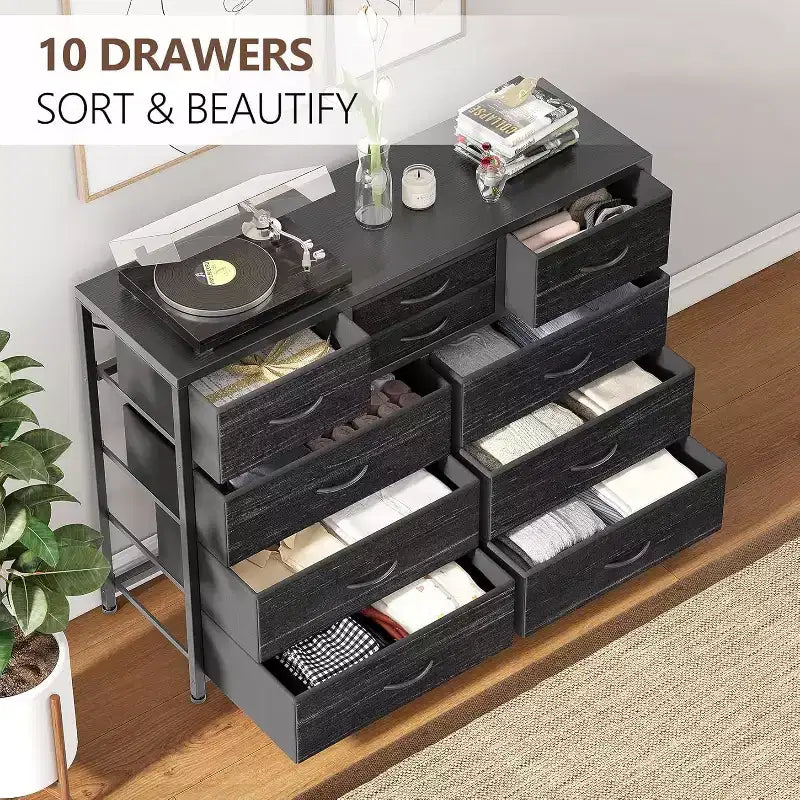 Commode à 10 tiroirs double usage et meuble TV pour téléviseurs de 55 pouces, organisateur de rangement pour chambre à coucher/salon/entrée