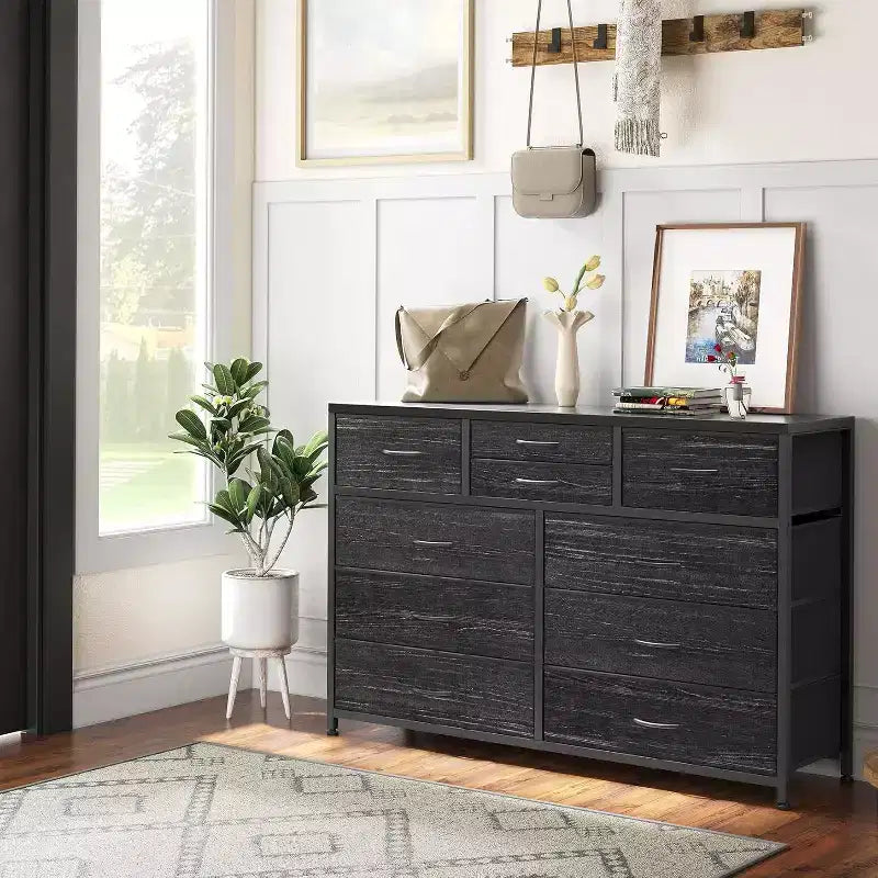 Commode à 10 tiroirs double usage et meuble TV pour téléviseurs de 55 pouces, organisateur de rangement pour chambre à coucher/salon/entrée
