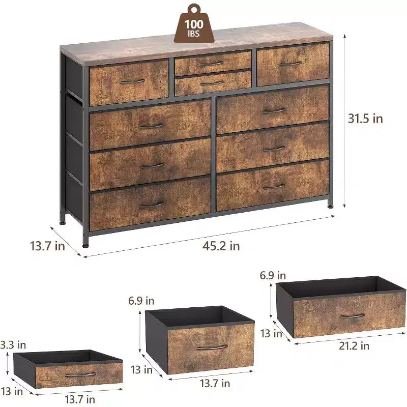 Commode à 10 tiroirs double usage et meuble TV pour téléviseurs de 55 pouces, organisateur de rangement pour chambre à coucher/salon/entrée