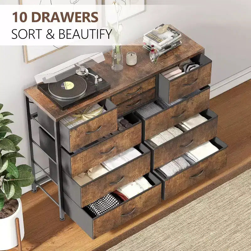 Commode à 10 tiroirs double usage et meuble TV pour téléviseurs de 55 pouces, organisateur de rangement pour chambre à coucher/salon/entrée