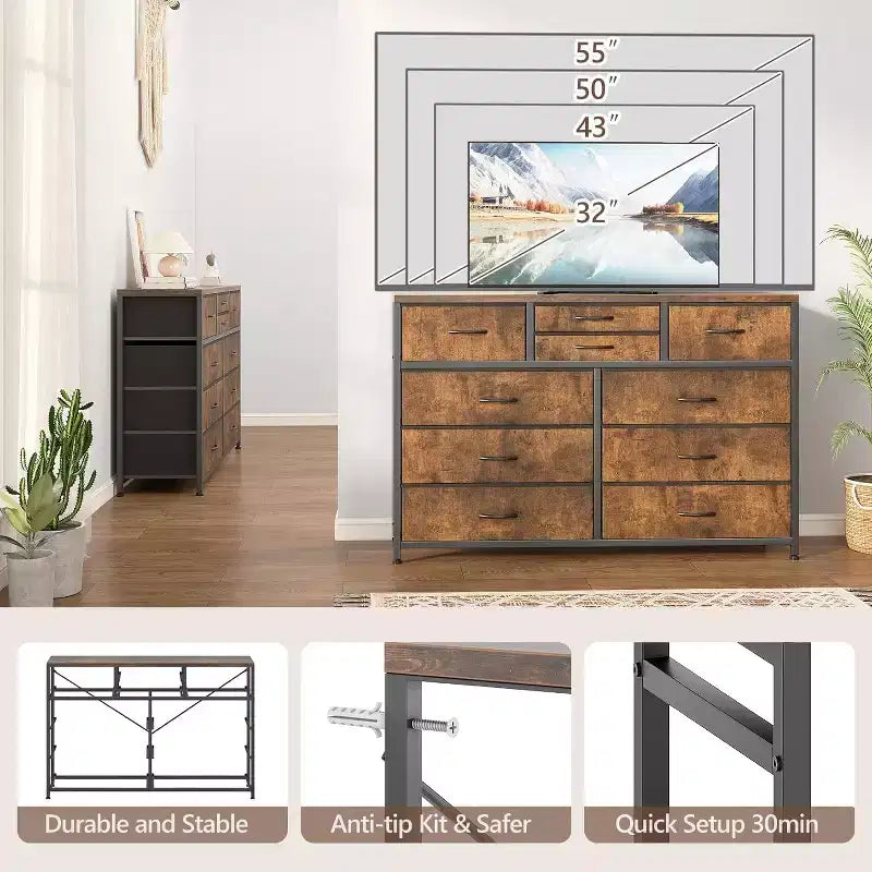 Commode à 10 tiroirs double usage et meuble TV pour téléviseurs de 55 pouces, organisateur de rangement pour chambre à coucher/salon/entrée