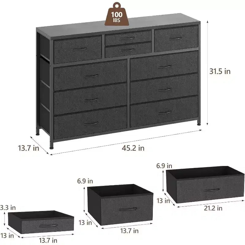 Commode à 10 tiroirs double usage et meuble TV pour téléviseurs de 55 pouces, organisateur de rangement pour chambre à coucher/salon/entrée