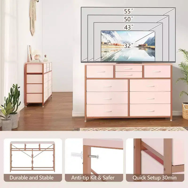 Commode à 10 tiroirs double usage et meuble TV pour téléviseurs de 55 pouces, organisateur de rangement pour chambre à coucher/salon/entrée