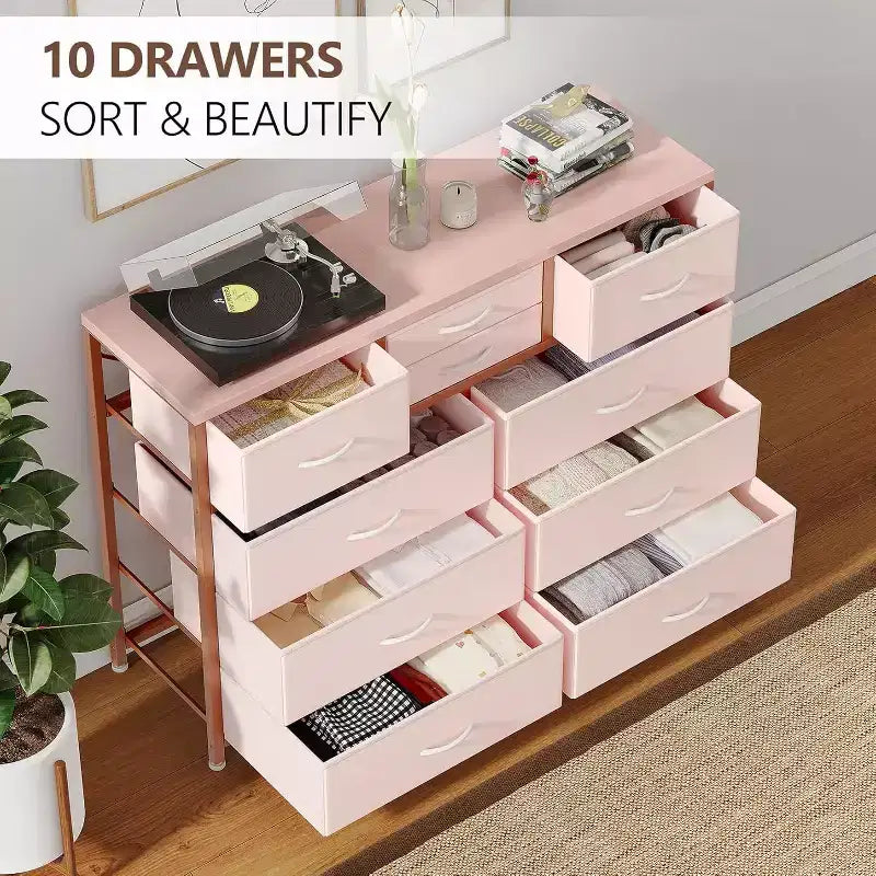 Commode à 10 tiroirs double usage et meuble TV pour téléviseurs de 55 pouces, organisateur de rangement pour chambre à coucher/salon/entrée