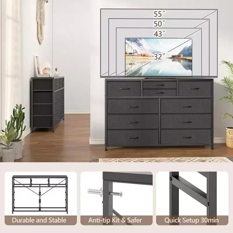 Commode à 10 tiroirs double usage et meuble TV pour téléviseurs de 55 pouces, organisateur de rangement pour chambre à coucher/salon/entrée