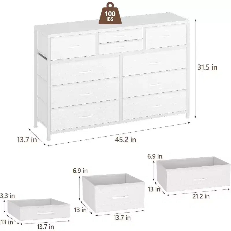 Commode à 10 tiroirs double usage et meuble TV pour téléviseurs de 55 pouces, organisateur de rangement pour chambre à coucher/salon/entrée