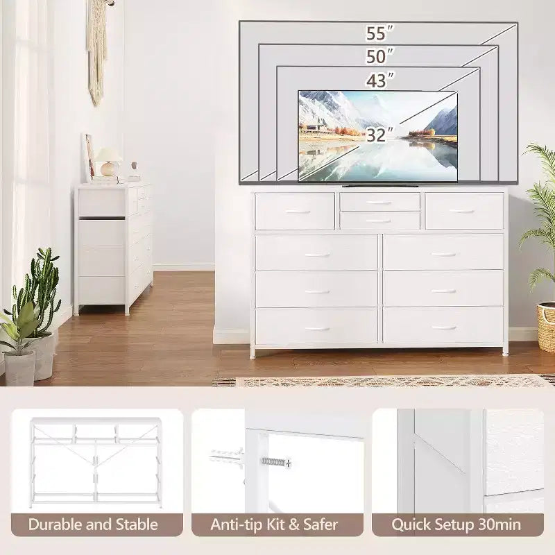 Commode à 10 tiroirs double usage et meuble TV pour téléviseurs de 55 pouces, organisateur de rangement pour chambre à coucher/salon/entrée
