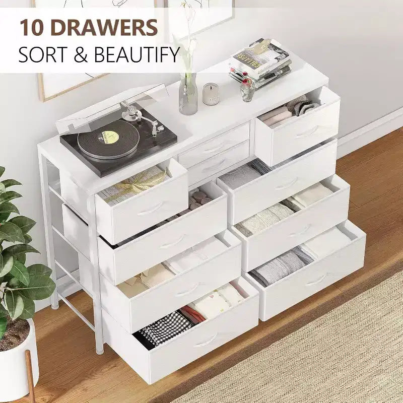 Commode à 10 tiroirs double usage et meuble TV pour téléviseurs de 55 pouces, organisateur de rangement pour chambre à coucher/salon/entrée
