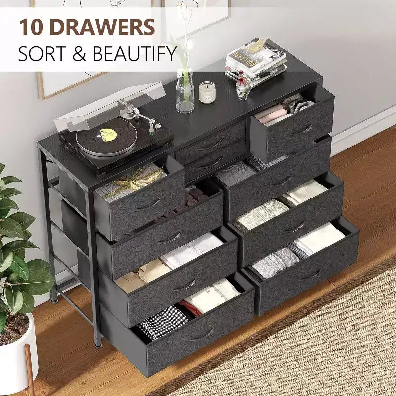 Commode à 10 tiroirs double usage et meuble TV pour téléviseurs de 55 pouces, organisateur de rangement pour chambre à coucher/salon/entrée