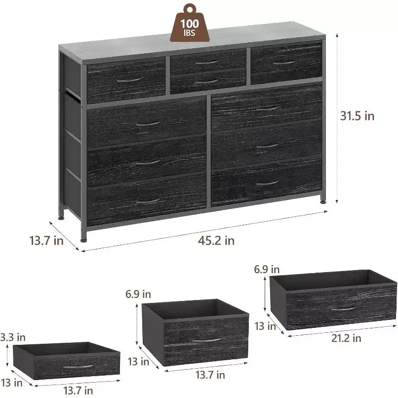 Commode à 10 tiroirs double usage et meuble TV pour téléviseurs de 55 pouces, organisateur de rangement pour chambre à coucher/salon/entrée
